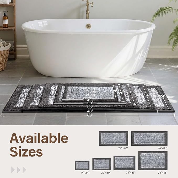 Long Bathroom Runner Rug 2x4 (48''x24''),Non Slip Washable Large Kitchen Rugs Bath Rugs, Soft Absorbent Quick Dry Bath Mats for Shower, Hallway,Laundry, Tub(Grey)