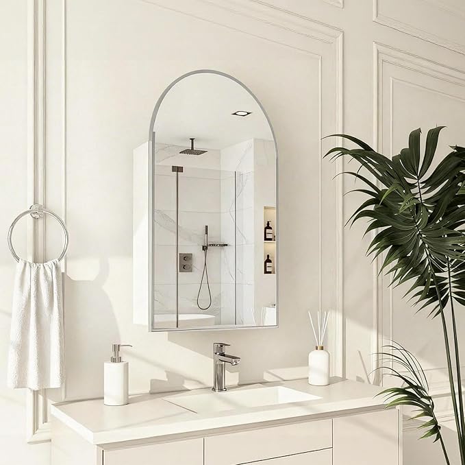 FKWin 20 x 32 Inch Arched Bathroom Medicine Cabinet with Mirror, Silver Surface Mount Wall Bathroom Cabinet, Vanity Mirror with Storage,Bathroom Medicine Cabinet with Adjustable Glass Shelf