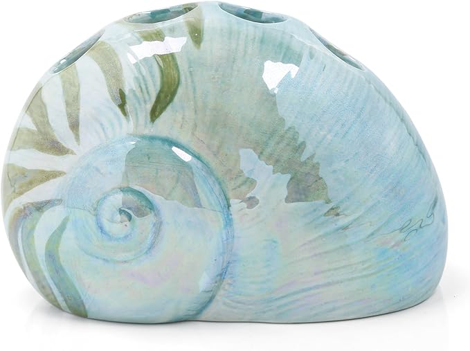 Ocean Conch Sea Shell Ceramic Bathroom Accessories Set of 4,1 Gargle Cups 1 Toothbrush Holders 1 Soap Dishes 1 Soap Dispenser (Green)