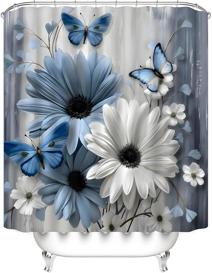 AZHM 4PCS Daisy Shower Curtain Sets with Rugs Blue and White Floral with Butterfly Bathroom Decor Set with Rugs and Accessories Farmhouse Country Shower Curtains for Bathroom