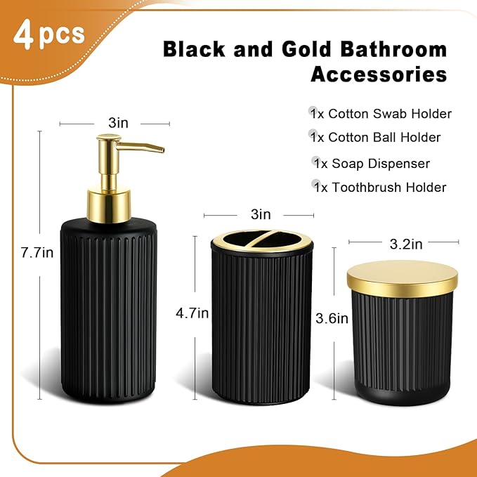 RYTOXILO Matte Black and Gold Bathroom Accessories Set, 4 Pack Glass Bath Accessory Sets Complete, Ribbed Soap Dispenser and Toothbrush Holder Set with 2 Qtip Holders, Modern Gold Bathroom Decor