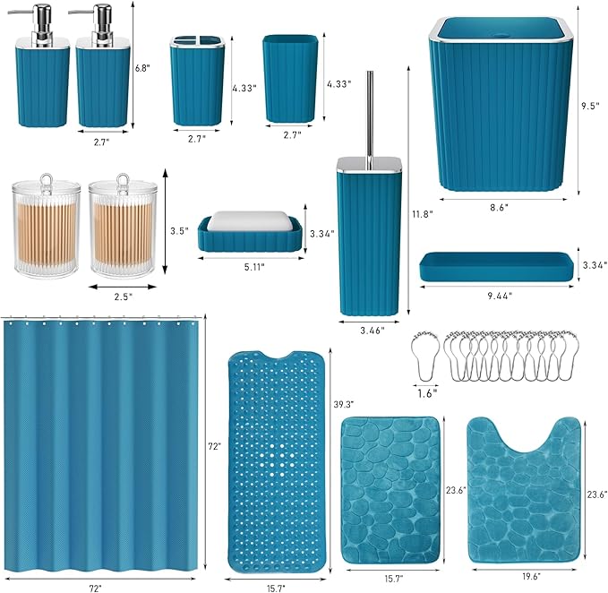 XLHOMO Bathroom Accessories Set - 26PC Gorgeous Teal Bathroom Set, Bathroom Accessory Set, Shower Curtain Set with Bathtub Mats for Shower Tub, Trash Can & Soap Dispenser