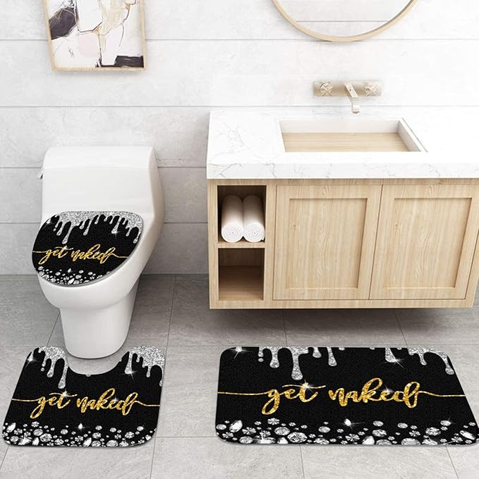 ArtSocket 4PC Gold Get Naked Shower Curtain Sets Diamond Bathroom Decor with Rugs, Non-Slip Rug,Toilet Lid Cover, Bath Mat and 12 Hooks 72x72 inches