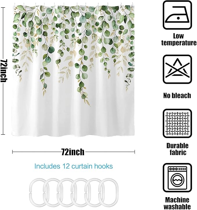 kampdream Green Eucalyptus Leaves Shower Curtain, Watercolor Plant On The Top Shower Curtain, Sage Green Spring Botanical Bathroom Curtain 72 ×72 Inch