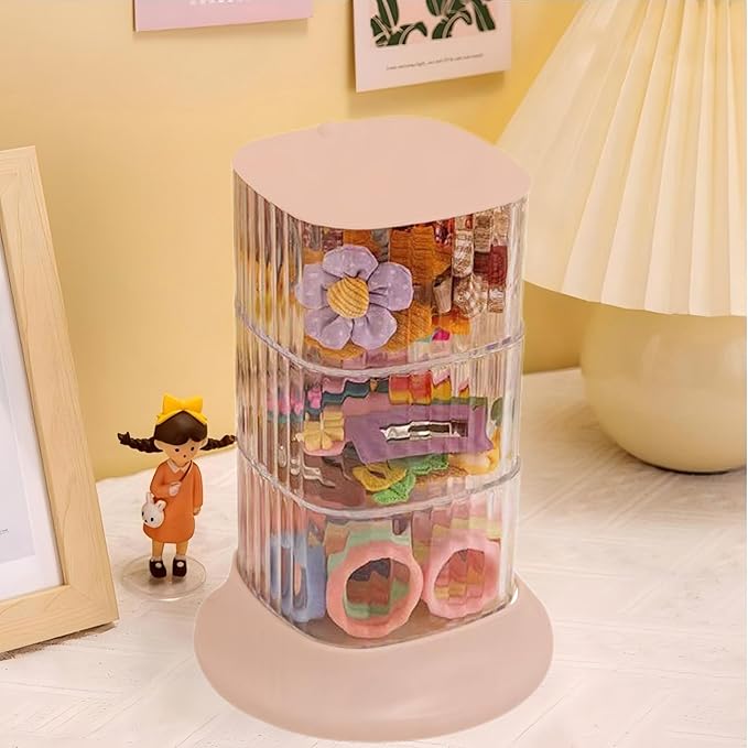 Hair Accessory Organizer, 3-Layer Rotating Clear Hair Tie Organizer for Hair Clips, Headbands, Hair Ties, Earring, Necklace, Ring, Jewelry Boxes & Organizers for Girls & Women (3-Layer???Pink)