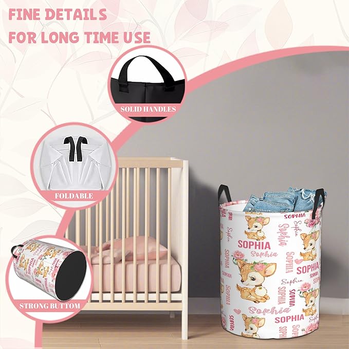 Personalized Deer Laundry Baskets, Custom Deer Gifts with Customized Name, Collapsible Laundry Hamper for Kids Adults Home Decoration,16.5 X 13.8in