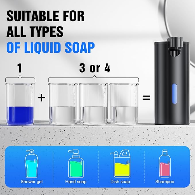Automatic Foaming Soap Dispenser Touchless, Stainless Steel 11.5 oz 3 Levels Adjustable Hand Soap Dispenser with Rechargeable Sensor Pump for Kitchen & Bathroom Liquid Soap,Black