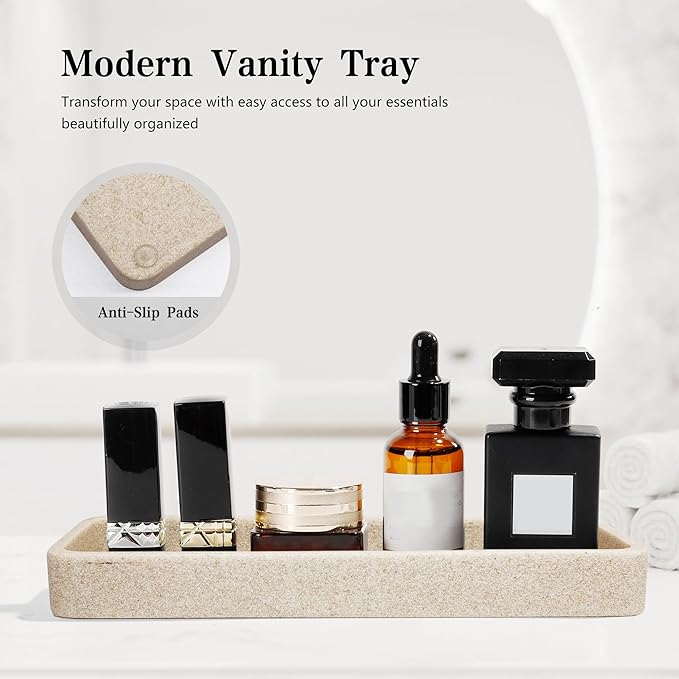 YMXYJM Bathroom Accessories Set, 4 Pcs Bathroom Accessory Set, Soap Dispenser, Toothbrush Holder, Qtip Holder Set, Bathroom Sets Complete, Bathroom Sink Set for Modern Home, Beige
