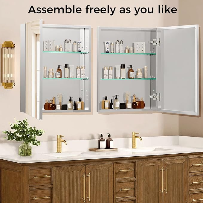 24 x 32 Inch Bathroom Medicine Cabinet with Mirror, Medicine Cabinet Mirror, Bathroom Mirror with Storage with 2 Adjustable Shelves, Assembly Required, Support Recessed or Surface Mount