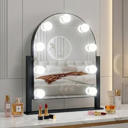 Arched Makeup Vanity Mirror with Lights LED Makeup Mirror Detachable 10X Magnification, Hollywood Make Up Mirror with Lighting, Smart Touch, Rechargeable,360° Rotation,Black 14.17"x 11.81"