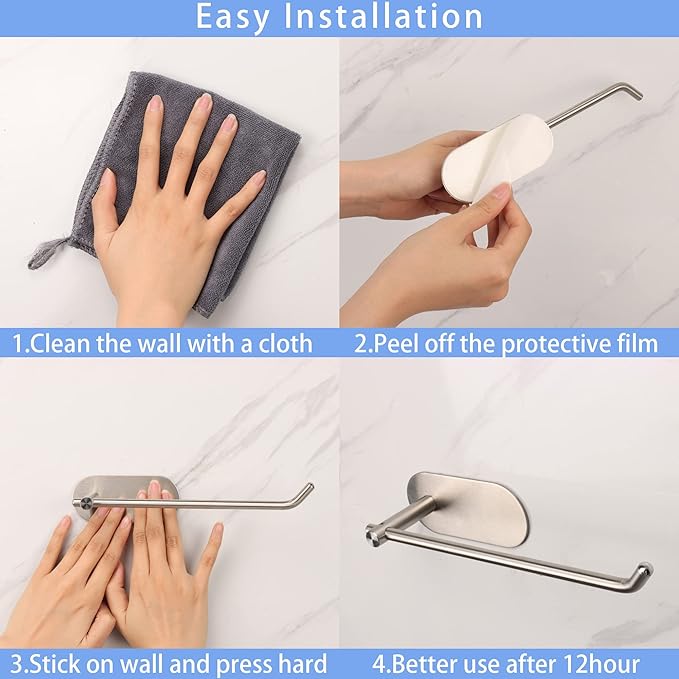 TocTen Stainless Steel Hand Towel Rod, No Drilling Stick on Wall Bar, Strong Self Adhesive Rack/Hanger for Bathroom Kitchen (Brushed Nickel)