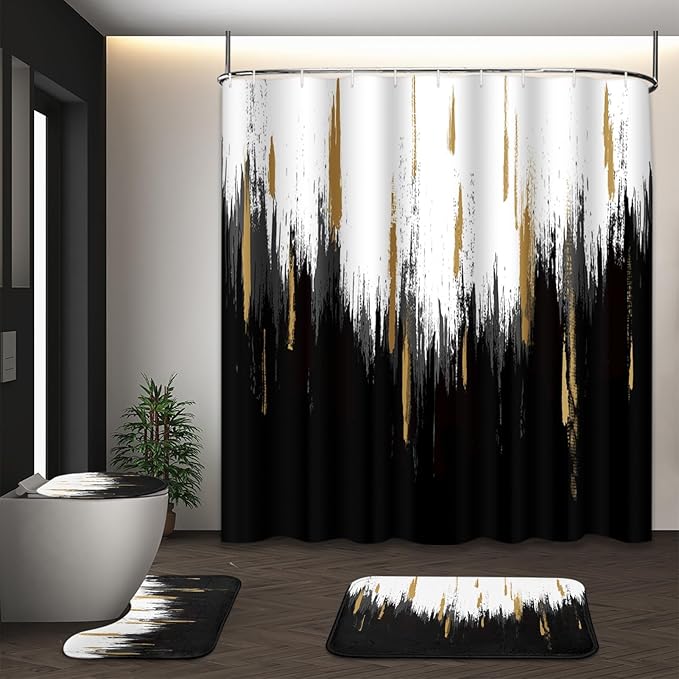Black Gold White Shower Curtain Set with Toilet Lid Cover and Non-Slip Rugs for Bathroom, Modern Oil Painting Abstract 4 Pcs Shower Curtain, Bathroom Set with 12 Hooks