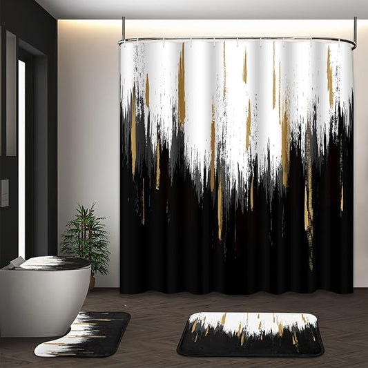 Black Gold White Shower Curtain Set with Toilet Lid Cover and Non-Slip Rugs for Bathroom, Modern Oil Painting Abstract 4 Pcs Shower Curtain, Bathroom Set with 12 Hooks