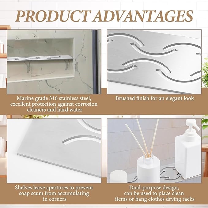 Teenyyou 1 Pack Niche Rectangular Shelf for 12 Prefabricated Board Niche Fits 5/32 Grout Line, 4mm Thick, Bathroom Wave Design, Marine Grade Brushed 316 Stainless Steel