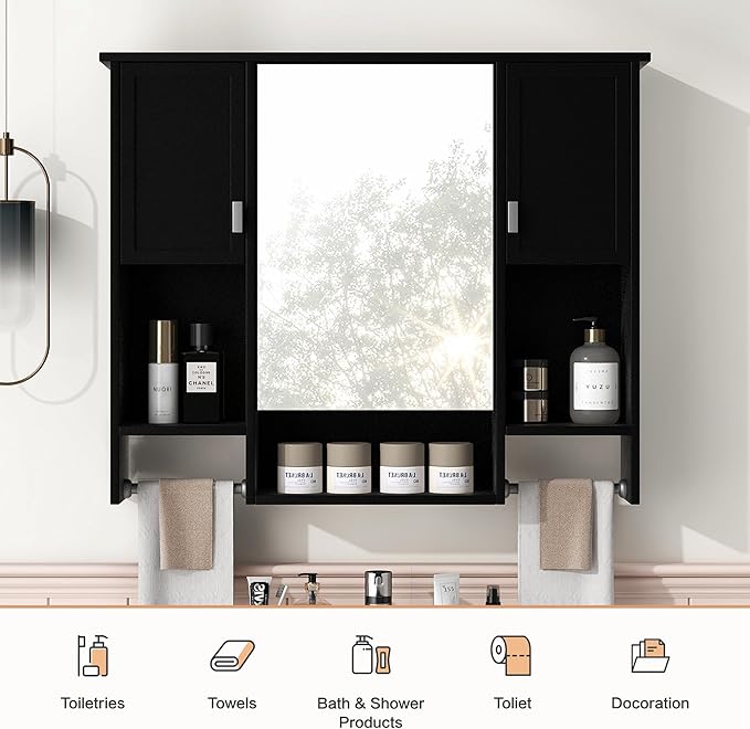 Merax Medicine Cabinet for Bathroom, Wall Mount Bathroom Cabinet with Mirror, Open Shelf, and Towel Bar, 35" W x 28.7" H Over The Toilet Mirrored Bathroom Wall Cabinet