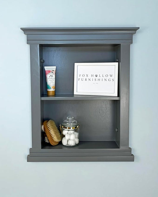 Fox Hollow Furnishings 14x18 Elliot Craftsman Recessed Wood Wall Niche, Open Medicine Cabinet Replacement, in The Wall Bathroom Cabinet Insert Shelves, Made in North America, NO MDF, Plain, Dark Gray