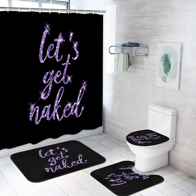 ArtSocket 4PC Purple Let's Get Naked Shower Curtain Sets Gold and Black Bathroom Decor with Rugs, Non-Slip Rug,Toilet Lid Cover, Bath Mat and 12 Hooks 72x72 inches