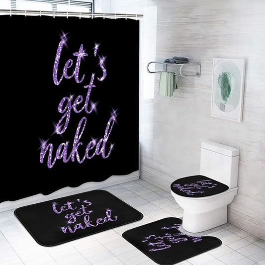 ArtSocket 4PC Purple Let's Get Naked Shower Curtain Sets Gold and Black Bathroom Decor with Rugs, Non-Slip Rug,Toilet Lid Cover, Bath Mat and 12 Hooks 72x72 inches