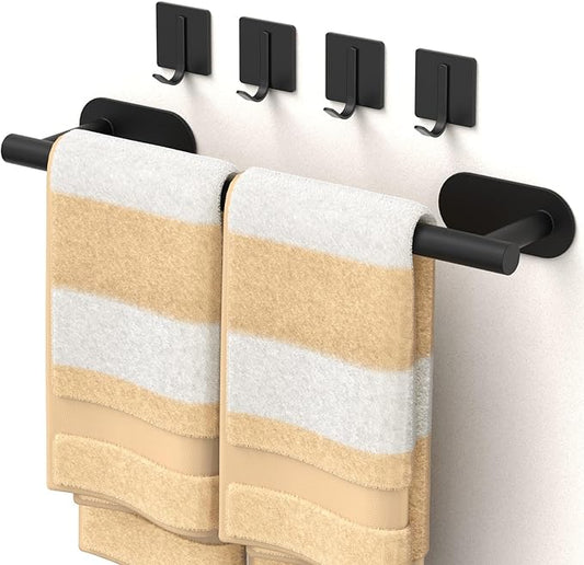 Batur 5 Pack Towel Holder, Towel Racks for Bathroom Self Adhesive, 16" Towel Bar with 4 Pack Towel Hooks, Premium Hand Towel Holder, Heavy Duty Towel Hanger Shower Rack Wall Mounted, Black