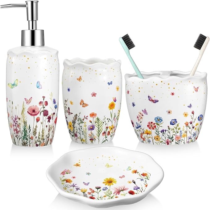 Newtay Ceramic Bathroom Accessories Set of 4, Wildflower Meadow Floral Decor with Butterflies & Gold Speckles, Soap Dispenser Pump, Toothbrush Holder, Tumbler Cup & Soap Dish for Countertop Vanity