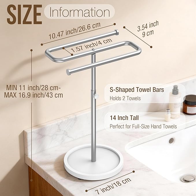 Aetyord Adjustable Hand Towel Holder Stand for Bathroom Countertop, S-Shaped Stainless Steel Towel Rack with Wood Base Strong and Suction Cups, Free Standing Hand Towel Tree for Kitchen Vanity