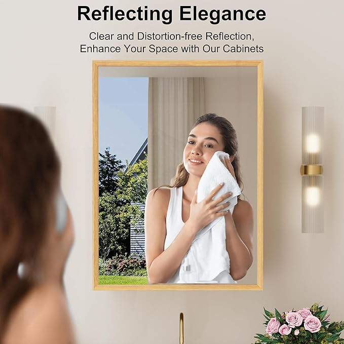 20x28 Inch Wood Medicine Cabinet with Mirror, Surface or Recessed Mounted Bathroom Cabinets with Adjustable Shelves, Soft-Close Hinges, Wall Mounted Cabinet for Storage