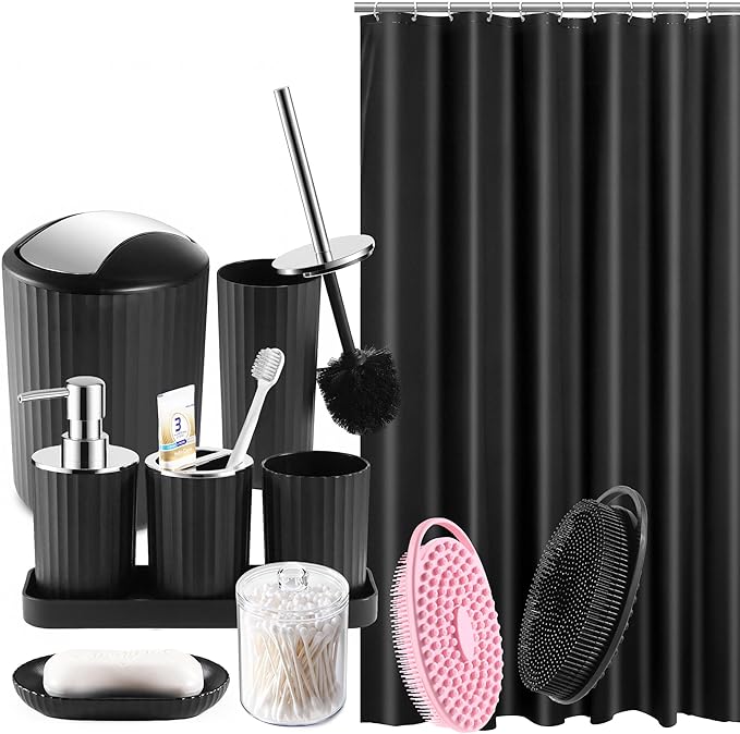 Bathroom Accessories Set, 11PCS Black Bathroom Accessory Set with Shower Curtain, Bath Brush, Trash Can, Soap Dispenser and Dish, Toilet Brush, Toothbrush Holder, Tumbler Cup, Q-tip Holders for Decor
