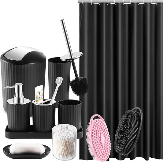 Bathroom Accessories Set, 11PCS Black Bathroom Accessory Set with Shower Curtain, Bath Brush, Trash Can, Soap Dispenser and Dish, Toilet Brush, Toothbrush Holder, Tumbler Cup, Q-tip Holders for Decor