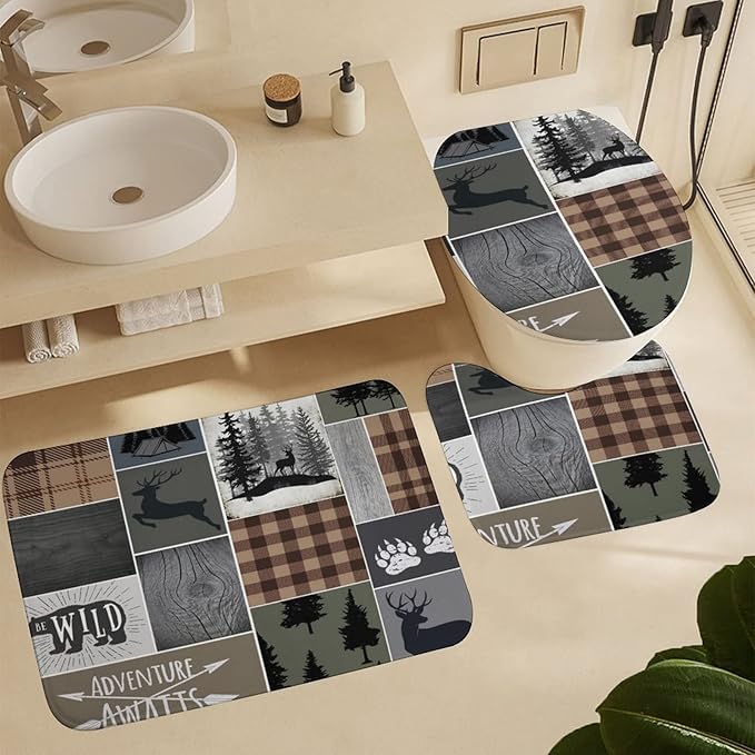 Retro Cabin Bear Deer Shower Curtain Sets with Rugs 4 Piece Accessories Bathroom Curtains Shower Set Include Shower Curtain Non-Slip Rug Toilet Lid Cover Bath Mat One Size