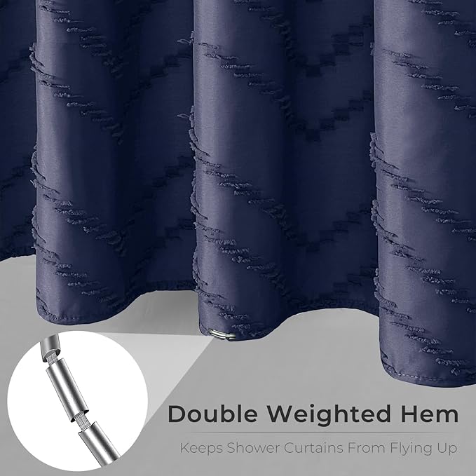 84 Inches Long Boho Tufted Chevron Striped Fabric Shower Curtain Navy Blue 72x84 Tall Minimalist Waterproof Cloth Shower Curtain, Wrinkle Free