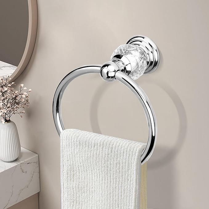 Crystal Chrome Towel Ring, Silver Bathroom Towel Holder Ring, Bathroom Towel Rack Hanger Home Hand Towel Ring Towel Holder for Bathroom Wall Mounted Bathroom Accessory