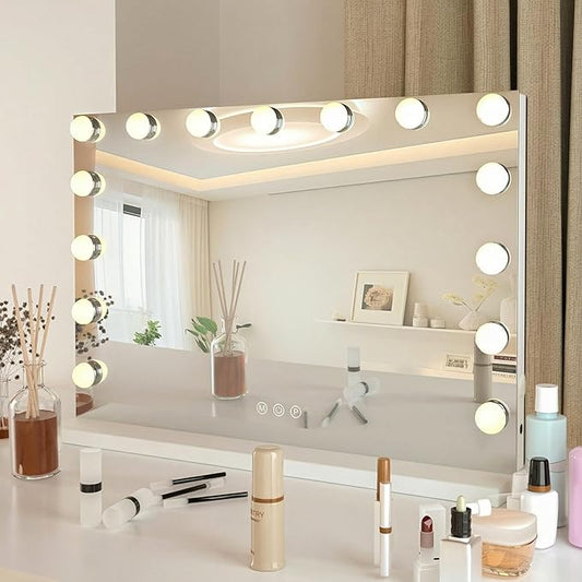 YOURLITE Vanity Mirror with Lights,Large Hollywood Mirror with Lights with 15 Bulbs, 3 Colors Modes & Adjustable Brightness, Makeup Mirrors Vanity with 10x Spot Mirror, USB Charging Port