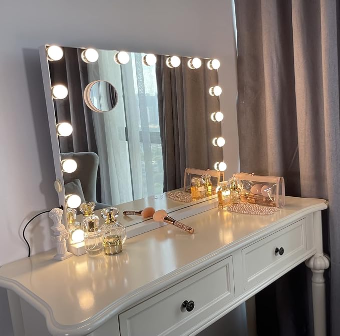 Kottova 24.4"x21.2" Vanity Mirror with Lights, Lighted Makeup Mirror with 3 Dimmable Color Modes,17 LED Hollywood Mirror with Touch Control, USB Charging Port, Tabletop & Wall-Mounted (White)
