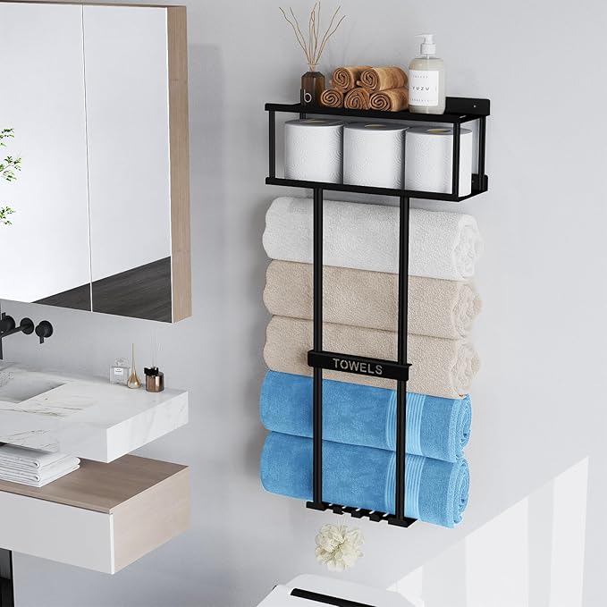 STWWO Bathroom Towel Storage Rack, Metal Towel Racks Wall Mounted Can Holds 5 Large Towels, 30.5IN Bathroom Towel Holder with Shelf & Storage Basket, Towel Organizer with 3 Hooks for RV, Apt, Black