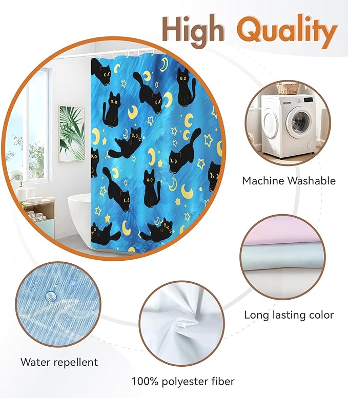 MAMUSE Shower Curtain for Bathroom - Cute Aesthetic Decorative Modern Girly Unique Girls Design Pretty Women Waterproof Fabric Cloth Cortinas de Baño Bathtub 72 x 72 Inch, Black Cat