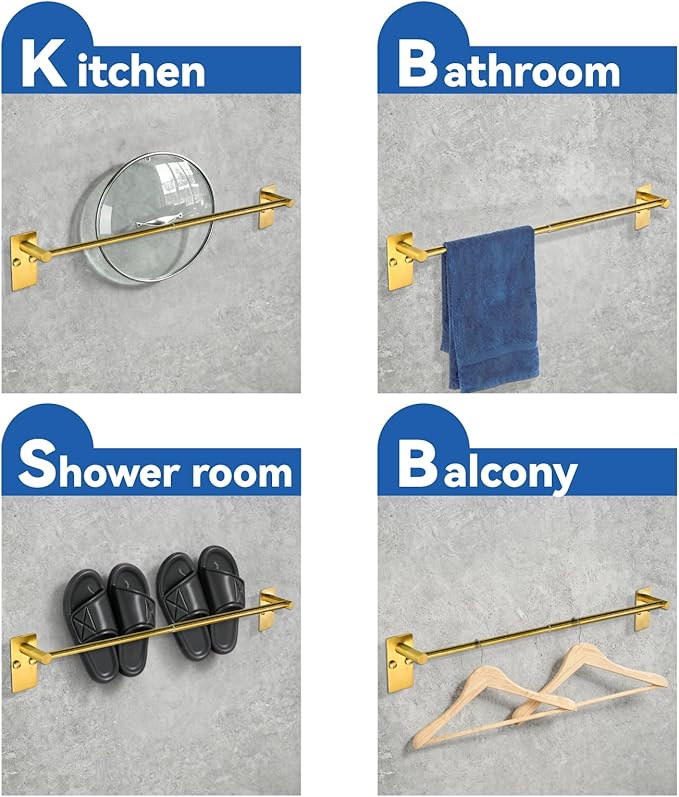 Adhesive Adjustable Towel Bar, HOMOTEK Economical Self Stick Bathroom Towel Holders, Towel Rod Size from 12 Inch to 22 Inch Single Rack Hanger for Kitchen(1 Pack Gold)