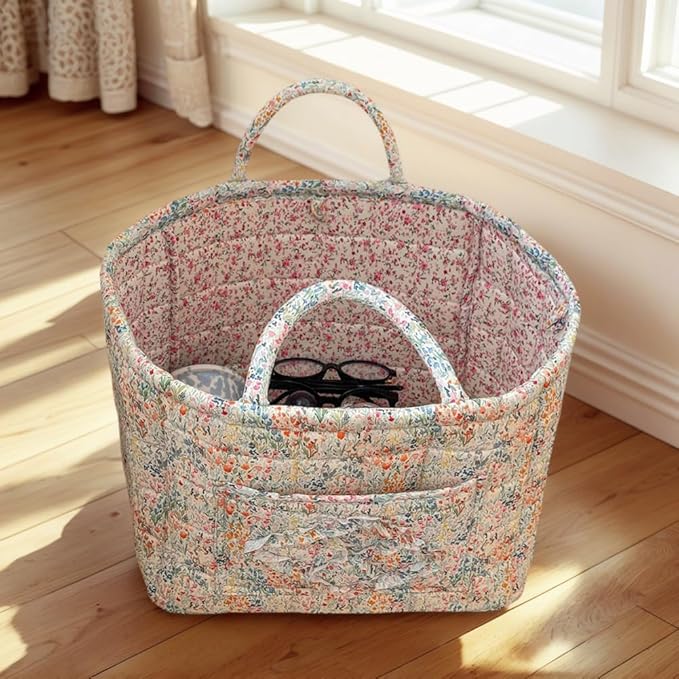 Quilted Fabric Storage Basket Boho Floral Laundry Baskets with Handles Collapsible Quilted Soft Basket for Car, Clothes, Toys Storage