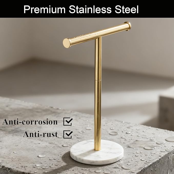 Hand Towel Holder, NEWRAIN Countertop Hand Towel Holder Stand, Stainless Steel Free Standing Hand Towel Rack with Heavy Marble Base, for Bathroom Kitchen & Counter top, Brushed Gold