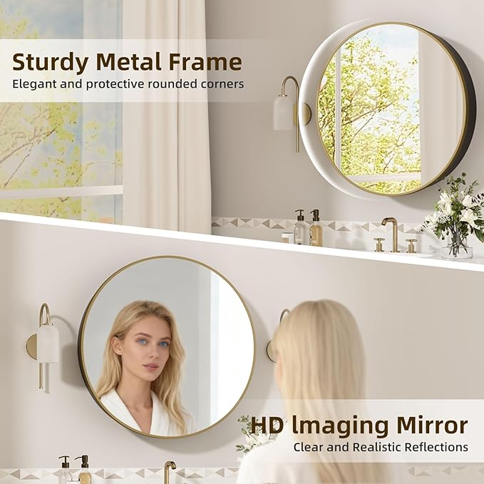 30 x 30 in Round Gold Mirror Medicine Cabinet Surface Mounted, Circular Modern Bathroom Medicine Cabinet with Mirror, Metal Framed Medicine Cabinets with Tempered Glass Mirror