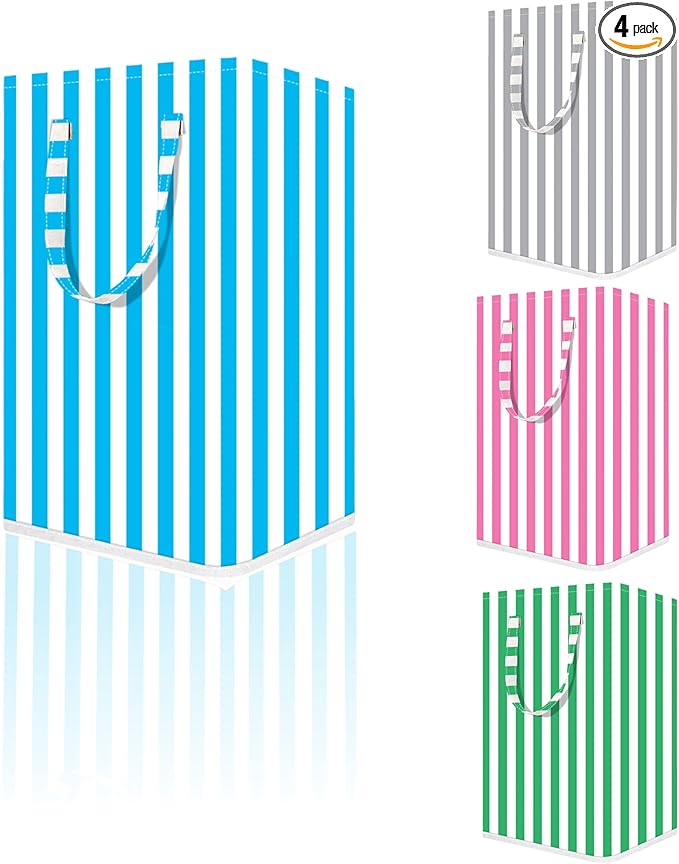 Large Laundry Basket ，75L Waterproof,Collapsible Laundry Hamper with Extended Handles for Clothes in the Family Dorm (Vertical Stripe Green，Blue，Grey，Pink)