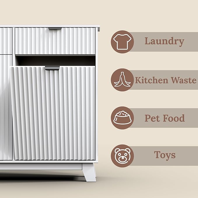 Double Tilt Out Laundry Hamper Cabinet, 20 Gallon Wooden Trash Can Cabinet with Storage Drawers, Hidden Fluted Garbage Can Holder for Kitchen, Living Room (White, 39.34" W x 35.83" H x 13" D)