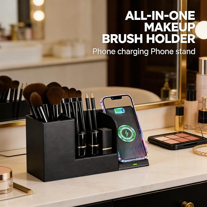 LADSTAG Makeup Brush Holder Organizer, Leather Makeup Brush Cup with Phone Charging Stand for Cosmetics, Nail Polish, Lipstick & Art Supplies ?€? Vanity Desktop Bathroom Organizer