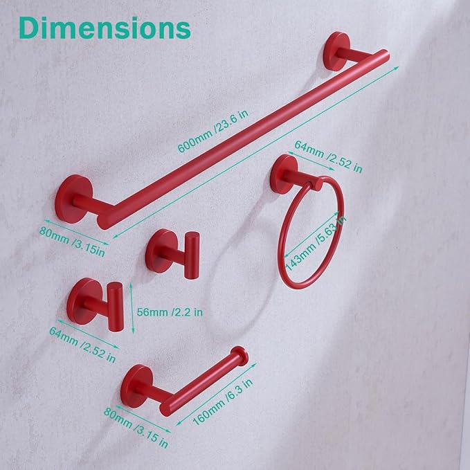 Red Bathroom Accessories Set,5 Pieces Bathroom Hardware Set,24 inch Towel Bar,Towel Ring for Bathroom,Robe Towel Hooks,Toilet Paper Holder Wall Mounted(Drilling),SE96006S-5RED