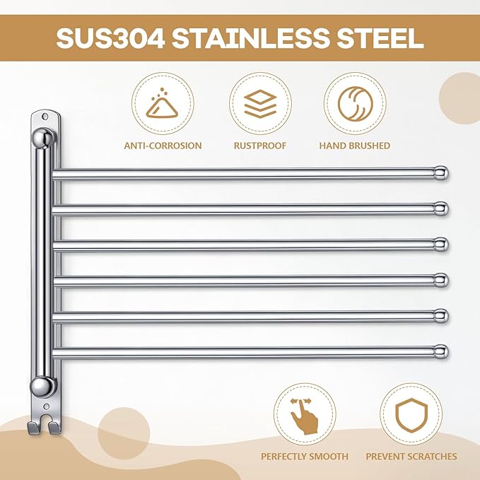 Teenyyou Swivel Towel Rack 16.5 Inches 304 Stainless Steel 6 Arms Bathroom Towel Rack Hanger Pool Holder Wall Mounted Swivel Bar Space Saving with Hook, Sliver
