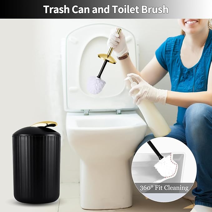 XLHOMO 9PCS Black and Gold Bathroom Accessories Set Complete with Trash Can, Vanity Tray, Soap Dispenser, Soap Dish, Toothbrush Holder, Toothbrush Cup, Toilet Brush and Qtip Holders