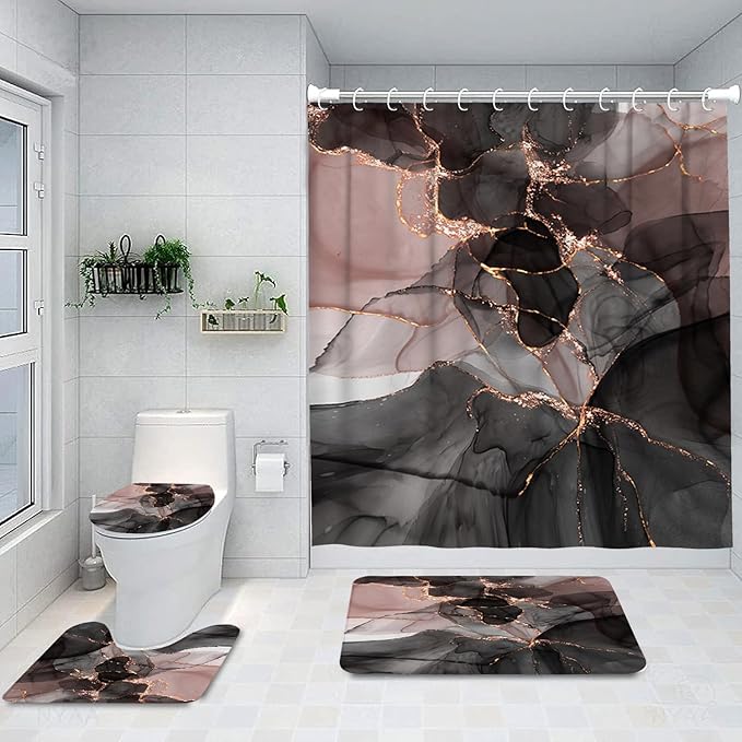 Ansouyi 4Pcs Bathroom Shower Curtain Sets with Non-Slip Rugs, Toilet Lid Cover and Bath Mat, Abstract Pink Gold Black Marble Durable Waterproof Shower Curtain for Bathroom Set, 72x72 Inch