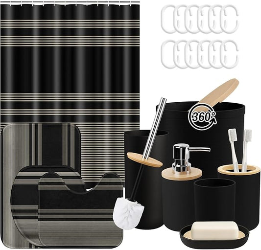 Black Bathroom Decor and Accessories Set, Striped Shower Curtain and Rug Set with Trash Can, Soap Dispenser, Soap Dish, Toothbrush Holder, Toothbrush Cup, Toilet Brush