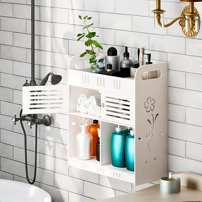 Bathroom Storage Shelf, Wall-Mounted No-Drill Organizer with Multiple Tiers, No-Drill Bathroom Storage Rack Large Capacity Cosmetic Holder Wall-Mounted Toilet Shelf for Bathroom Toilet White
