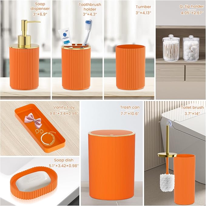 Orange Bathroom Accessories Set, 10PC Bathroom Set, Bath Accessory with Pop Up Trash Can, Soap Dispenser, Toilet Brush, Toothbrush Set Qtip Holders & Tray