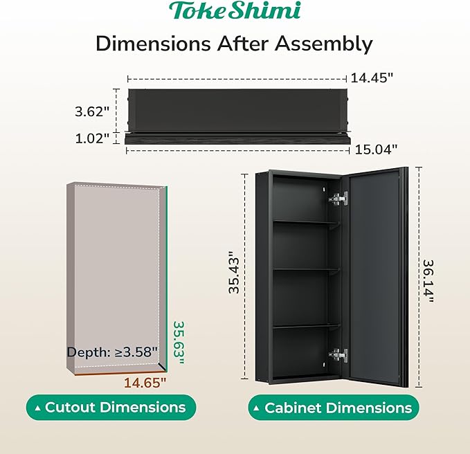 TokeShimi 15 x 36 Black Recessed Medicine Cabinet with Mirror, Assembly Required, Bathroom Medicine Cabinet with Mirror, Stepless Adjustable Shelves, Beveled Aluminum Frame, DTC Hinge